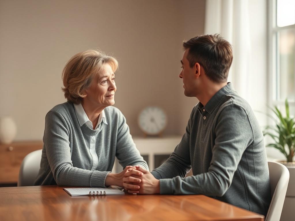A compassionate counselor sitting at a table with a concerned