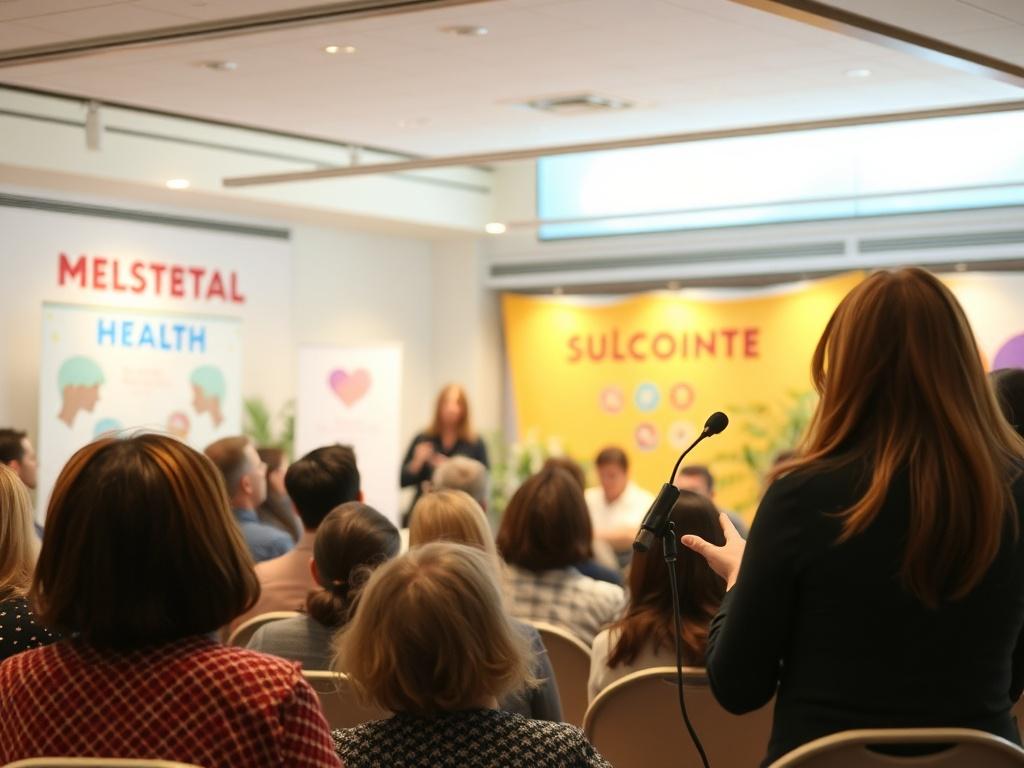 A mental health advocate speaking at a community event, engaging