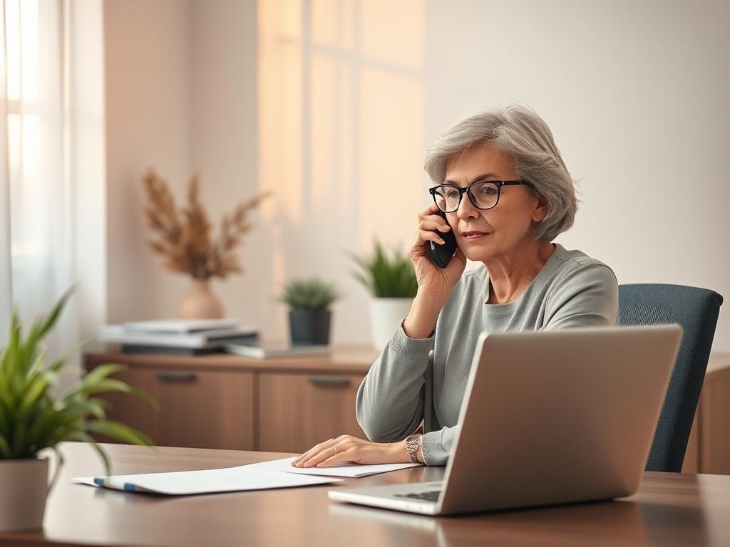 A serene office environment showing a dedicated advocate sitting at a desk, engaged in conversation on the phone. The advocate, a middle-aged woman with glasses, looks determined and focused. On the desk, there are papers and a laptop open, indicating active work. The background features a soft, warm light filtering through a window, with gentle plant decorations adding to the peaceful atmosphere.