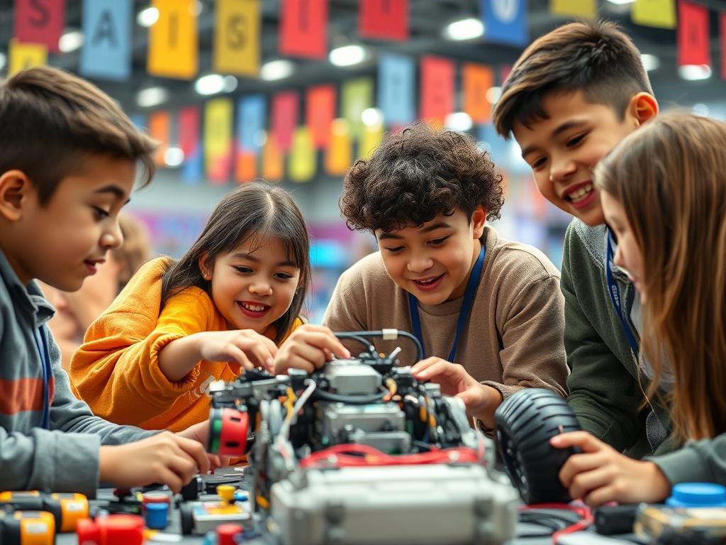 A focused close-up shot of a diverse group of enthusiastic young students engaged in a robotics competition, showcasing their teamwork and creativity. The students are working on a robot, surrounded by various tools and parts, set against a backdrop of a vibrant competition arena filled with colorful banners. The image should capture the excitement and determination on their faces, emphasizing the spirit of innovation and collaboration in STEM education.