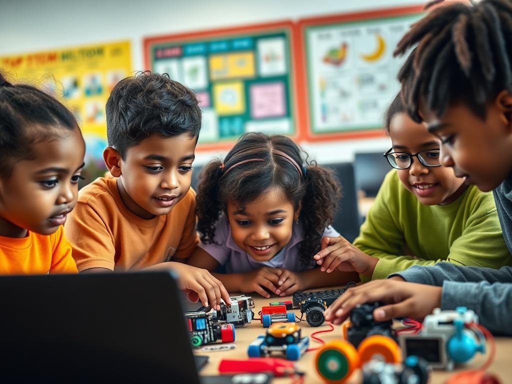 A close-up shot of a diverse group of children engaging in a STEM education workshop, surrounded by laptops and robotics kits. The background features a bright and welcoming classroom environment with educational posters. The focus is on the children's expressions of curiosity and excitement as they learn coding and robotics. The image should have vibrant colors, capturing the energy of learning and innovation.