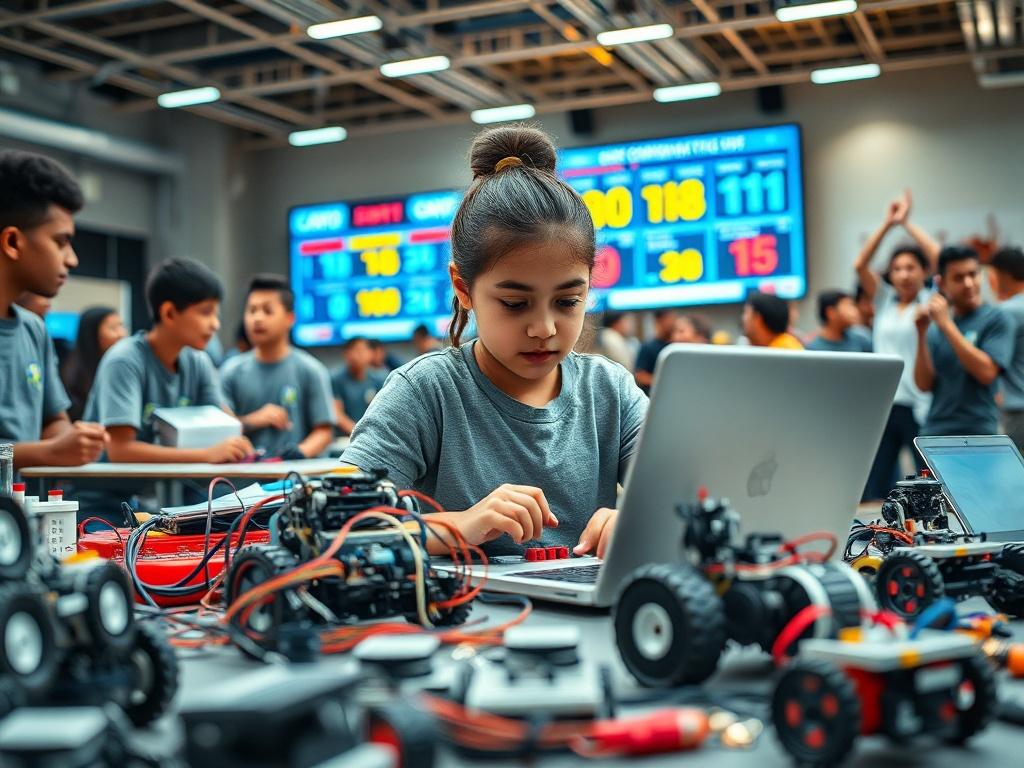 A high-resolution image of a robotics competition scene, featuring diverse students working collaboratively on robots. The focus is on a young girl programming a robot with a laptop, surrounded by various robotic parts and tools scattered around a well-lit, modern workshop environment. The background should show a large screen displaying robotics competition scores and a cheering crowd. The image should have a vibrant and engaging atmosphere, emphasizing teamwork and innovation.