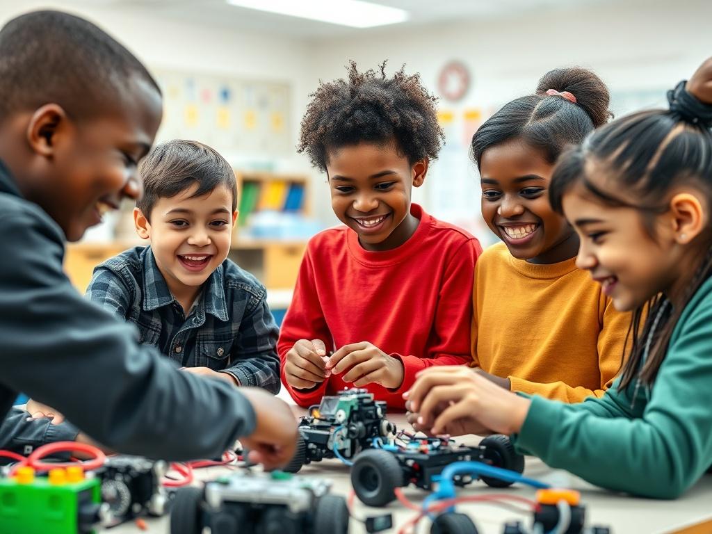 A close-up shot of a diverse group of students engaged in a robotics workshop, showcasing enthusiasm and teamwork. The setting is a bright classroom filled with educational materials and robotics kits, emphasizing hands-on learning. The background is clear and simple, focusing on the students' interactions and expressions of excitement.
