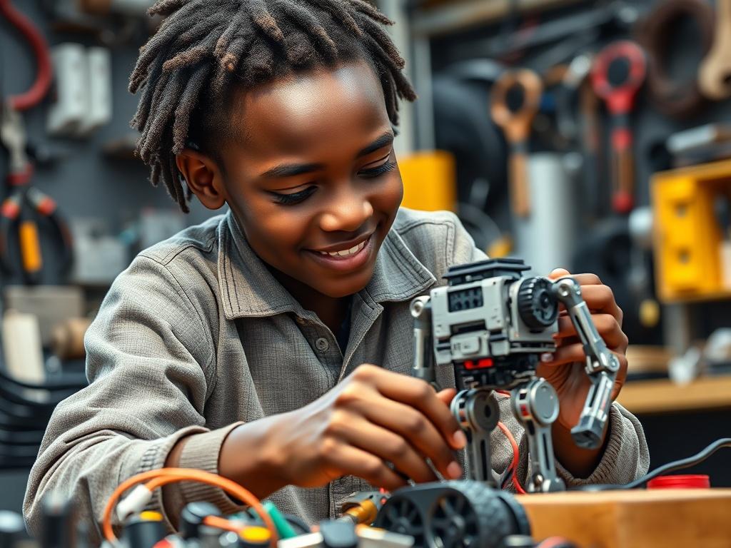 A focused young African student assembling a robot in a