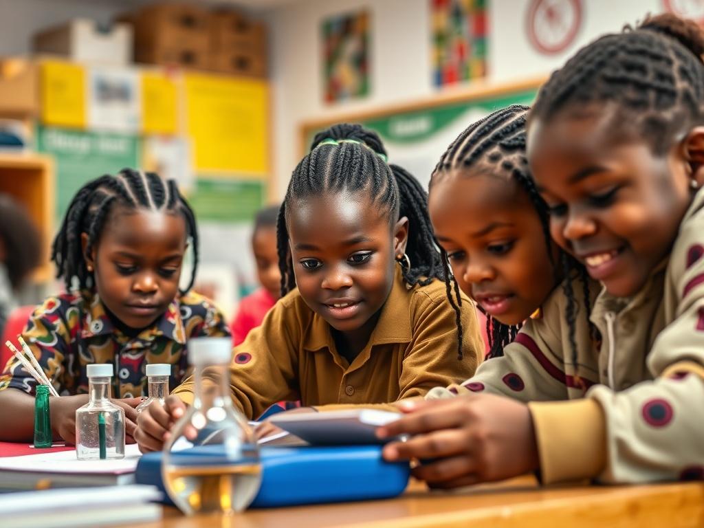 A vibrant classroom scene featuring young African students engaged in