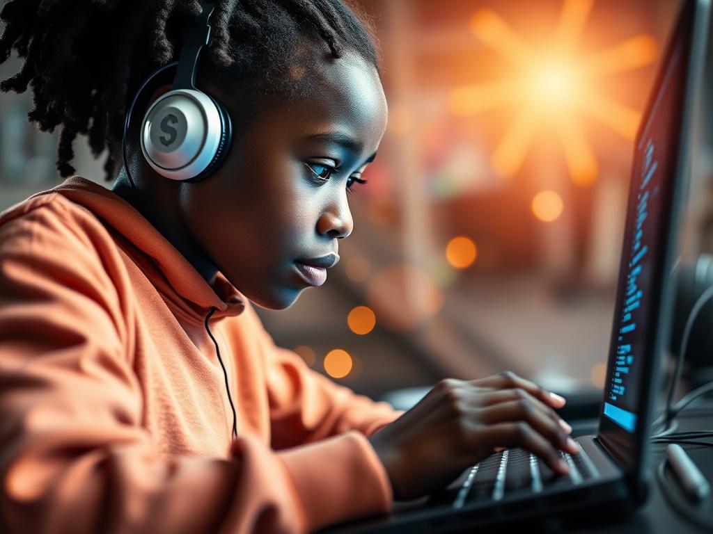 A close up shot of a young African student coding