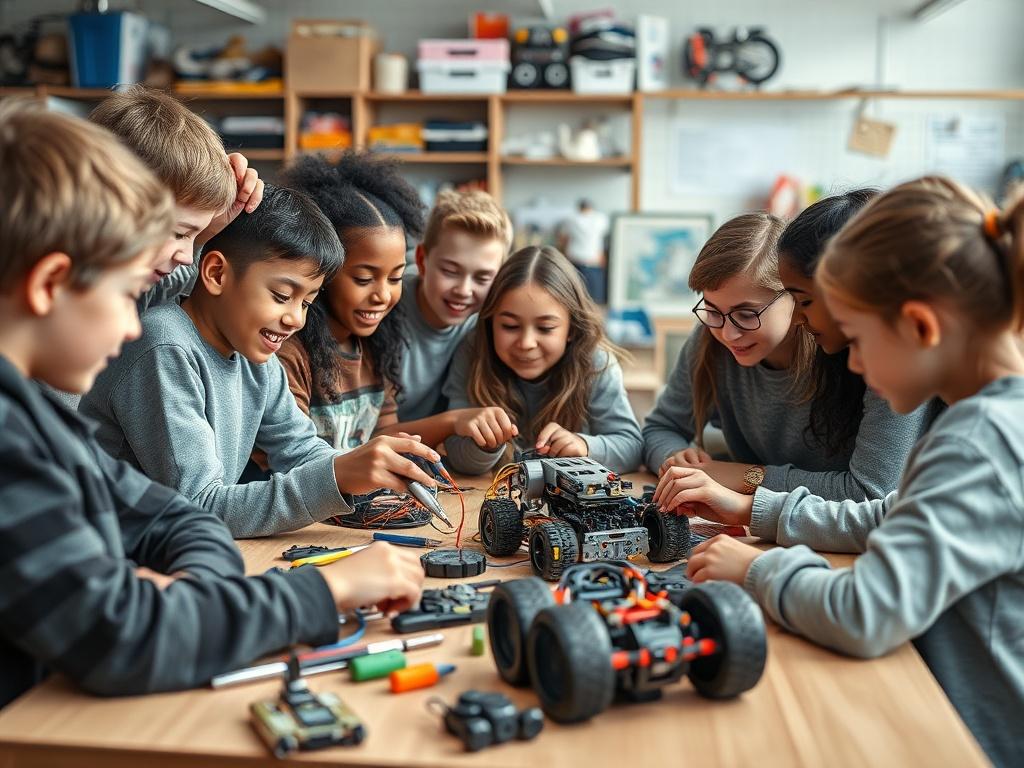 A diverse group of young students gathered around a table,
