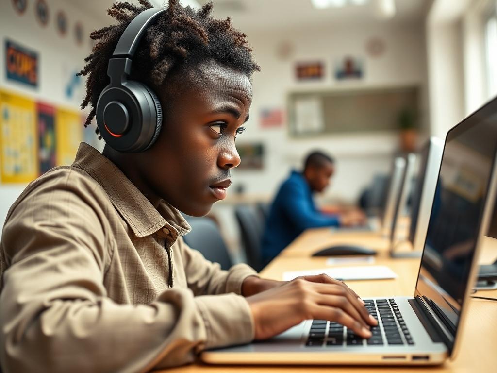 A young African student intensely focused on coding at a