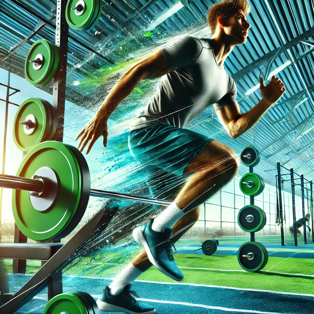 dall·e 2024-10-17 17.14.42 - a man in action using sports equipment, such as running or lifting weights. the scene is vibrant, with the sports equipment, his athletic gear, and su.webp