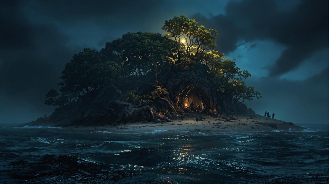 crew crashlands onto an island. sea of thieves, pirates of the carribean vibes. ominous island at night. the island is full of trees, mysterious wildlife, and has an ominous vibe..png