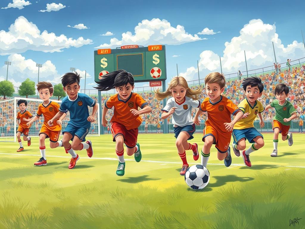Create a high-quality illustration featuring a youth sports team in action, showcasing a tightly focused composition that highlights the players as the central subject. The image should depict a diverse group of enthusiastic young athletes, ages 8 to 14, participating in a spirited outdoor soccer game. The team members should be dressed in bright, coordinated uniforms, emphasizing teamwork and camaraderie.

In the background, include a vibrant sports field with green grass, goalposts, and cheering spectator