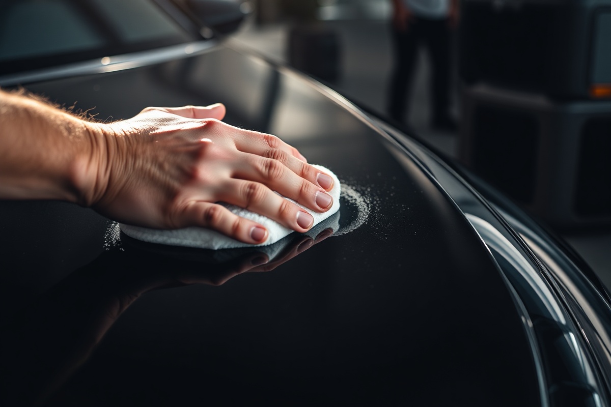 Hand polishing luxury car with cinematic shadows
