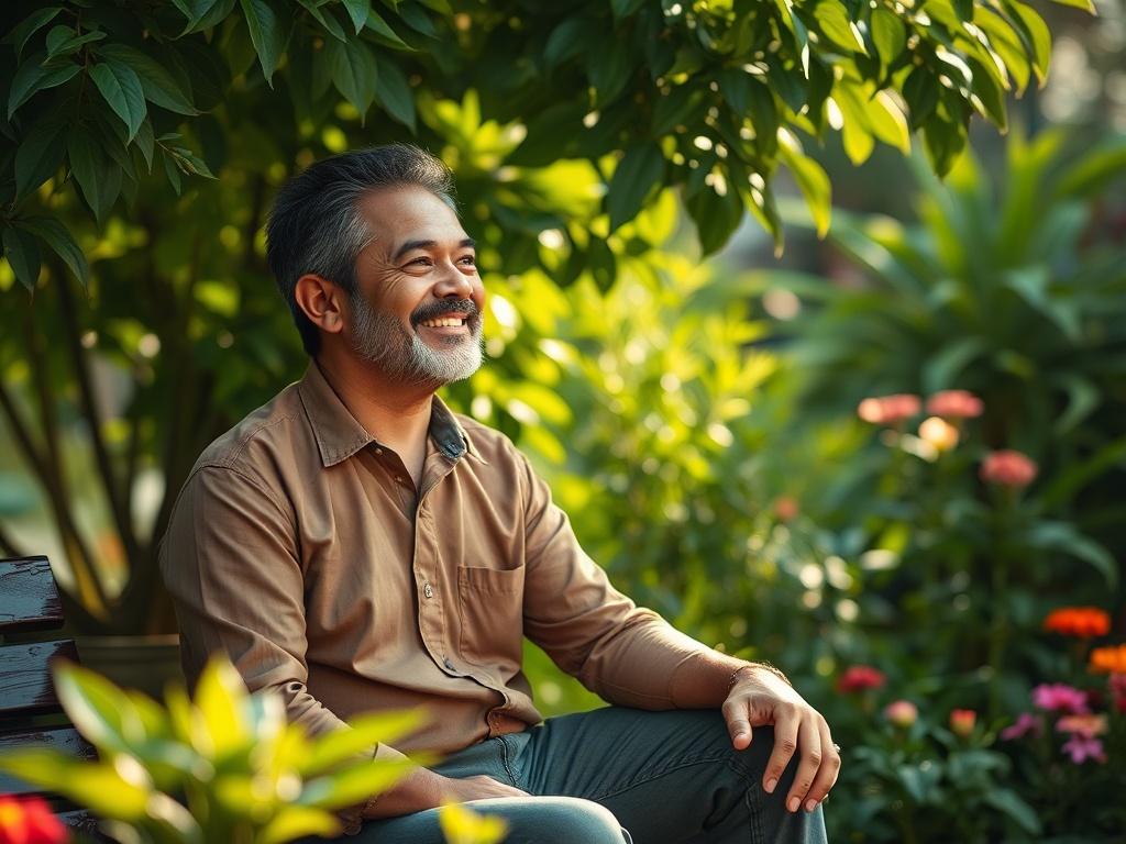Create a realistic high-resolution photo featuring a single subject, a warm and inviting scene that embodies the spirit of growing together in faith within a community. The central subject should be a middle-aged Latin American man, sitting on a bench in a lush garden, deep in contemplation with a gentle smile on his face. He should be dressed in casual but neat clothing, radiating a sense of peace and serenity.

The background should consist of vibrant greenery, with various shades of green leaves and soft