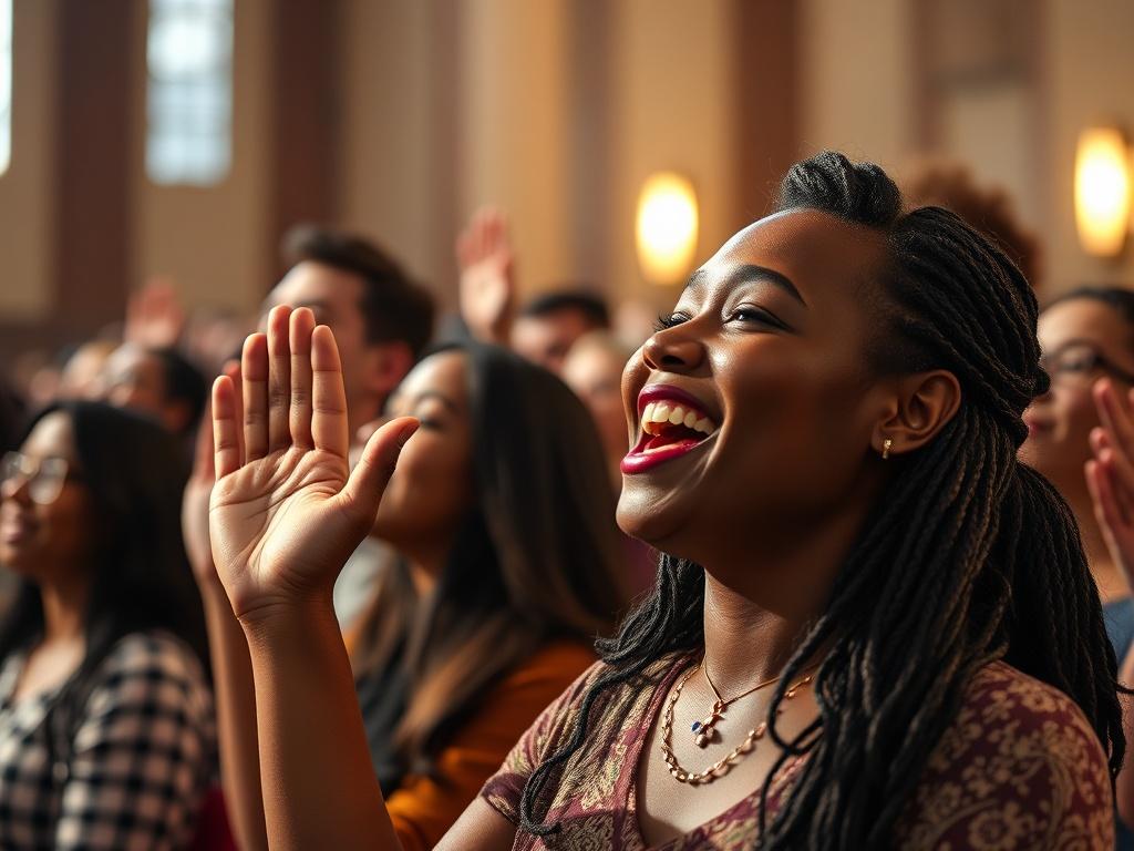 A close-up shot of a diverse group of people worshiping together, with hands raised in praise and a warm, inviting atmosphere. The background features soft lighting that enhances the feeling of spirituality and connection. The image should convey a sense of joy and reverence, capturing the essence of a worship service in a church setting.