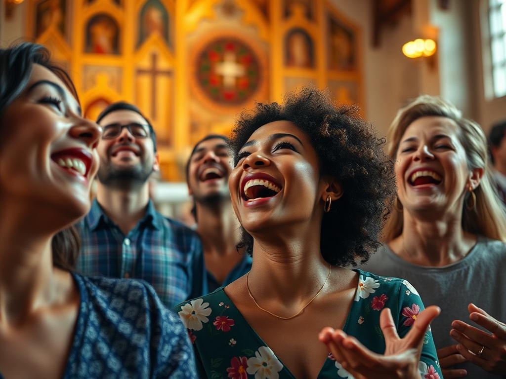 A close-up shot of a diverse group of people joyfully singing and worshiping in a church setting. The background shows a beautifully decorated altar with soft lighting and vibrant colors, creating a warm and inviting atmosphere. The focus is on the expressions of joy and devotion on the faces of the worshippers, capturing the essence of community and spiritual connection. The image should emphasize a sense of unity and love, showcasing a moment of shared faith.