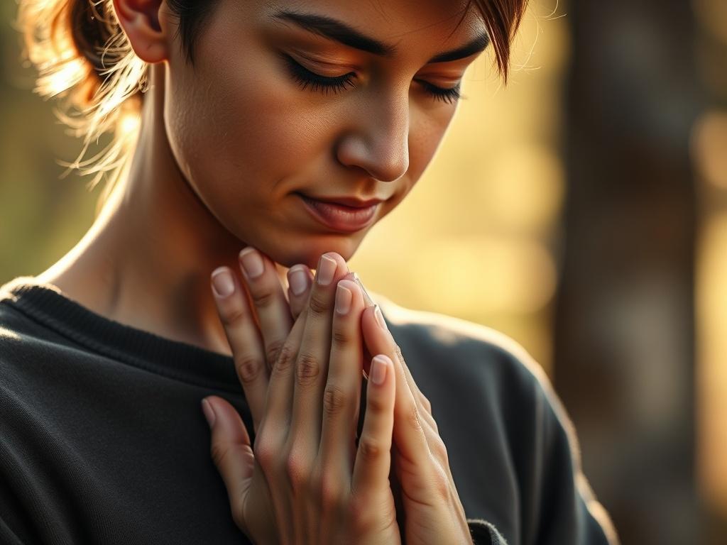 A close-up shot of a person with hands clasped in prayer, eyes closed, with a serene expression, set against a softly blurred natural background, capturing the essence of spirituality and community support. The lighting should be warm and inviting, enhancing the feeling of hope and connection.