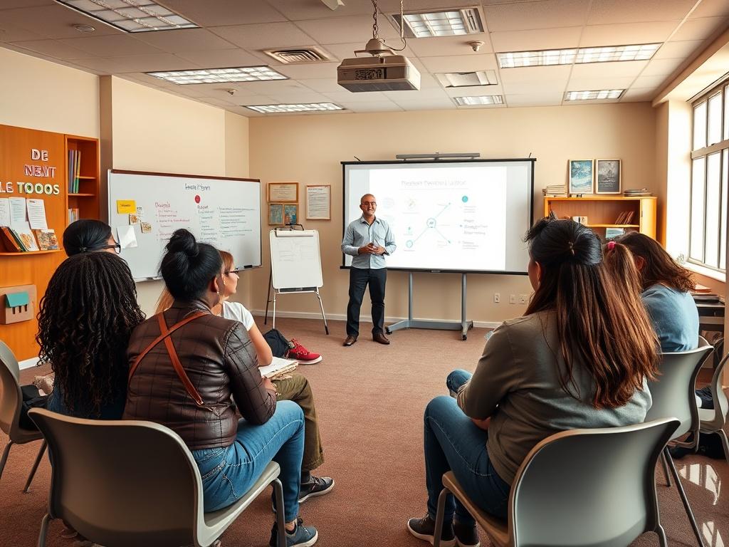 A high-resolution image of a classroom setting with a diverse group of individuals engaged in a restorative justice training session. The room is well-lit and features a large whiteboard with colorful markers, a projector displaying a presentation, and participants seated in a semi-circle. The atmosphere is collaborative and focused, showcasing a facilitator leading the session with enthusiasm. The background includes educational materials and a warm, inviting color palette. The image reflects an environmen