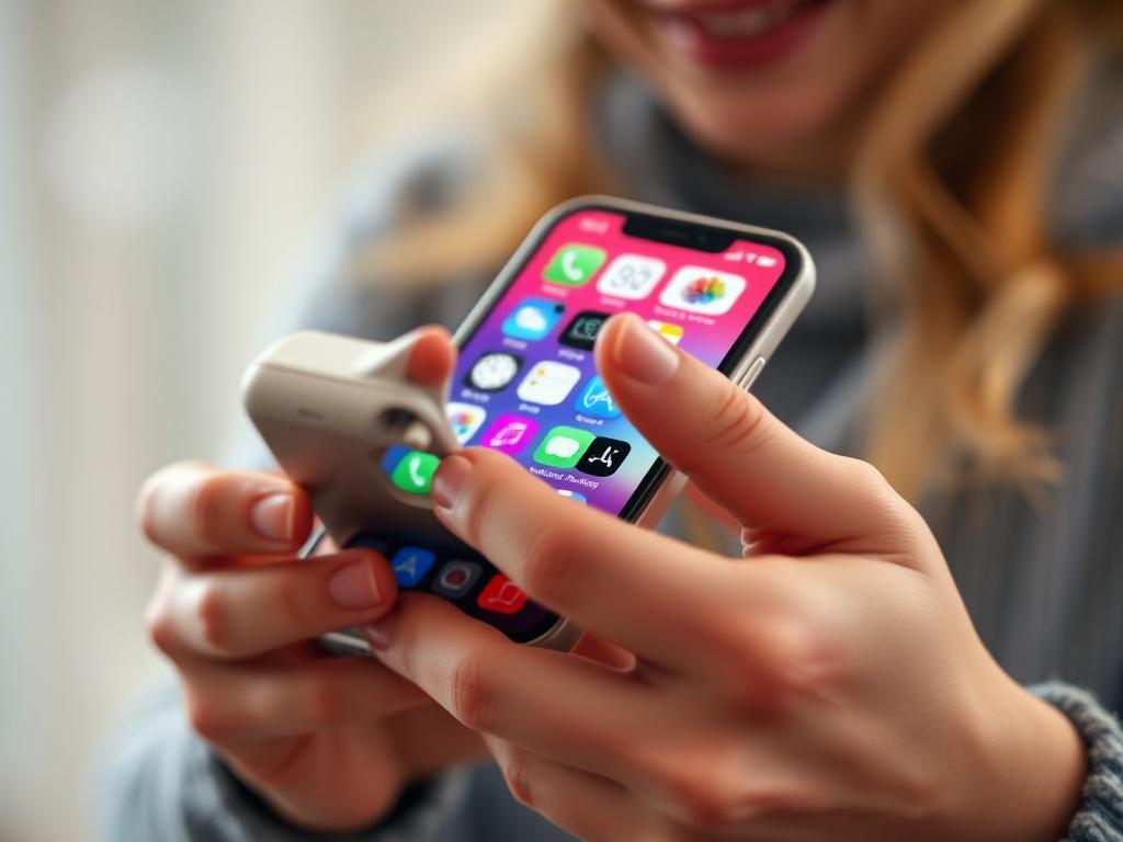 A close-up image of a person interacting with an iPhone, highlighting a colorful app interface. The focus is on the hands and screen, showcasing the clarity and details of the display. The background should be softly blurred, emphasizing the vibrant colors of the phone, with a bright and inviting atmosphere.