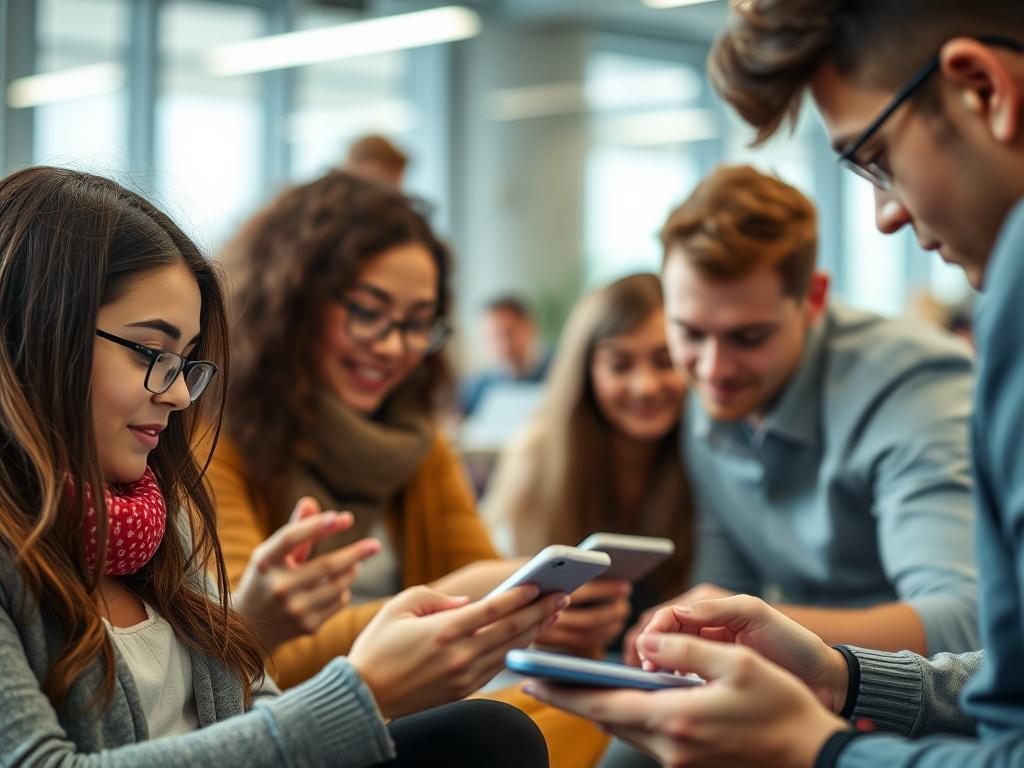 A close-up shot depicting a group of learners engaged in a training session, focusing on their mobile devices. The environment should reflect a modern learning space, with individuals collaborating and sharing insights. The background should be slightly out of focus, highlighting the participants' expressions of concentration and discovery.