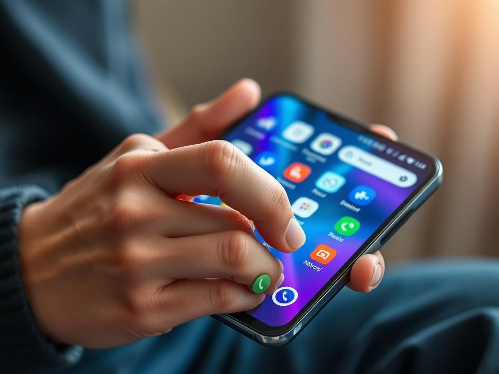 A close-up shot of a person using an Android smartphone, showcasing a vibrant interface with various apps open. The background should be soft and blurred to emphasize the device. The focus should be on the hand holding the phone, capturing the screen's detail in high resolution, with a color scheme incorporating bright blues.