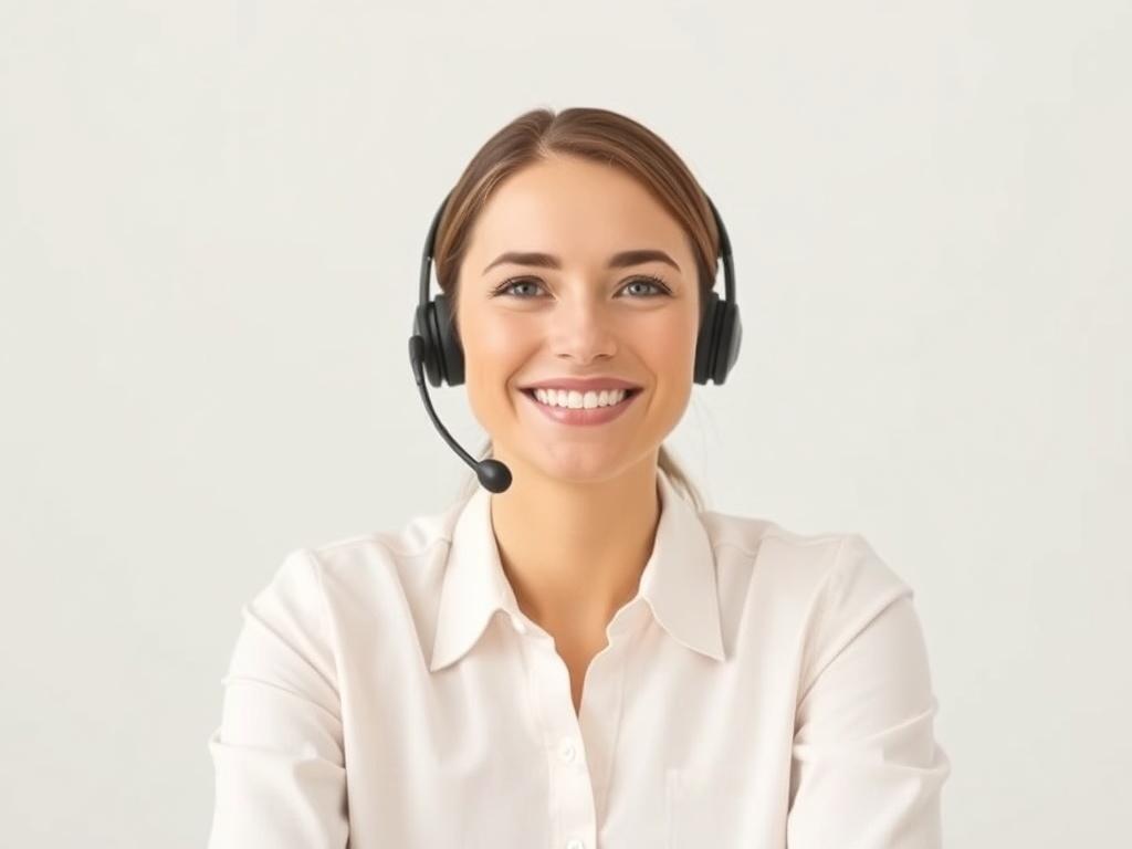 A minimalistic image of a smiling customer service representative on a call, with a headset, displaying a sense of attentiveness and care. The background is soothing and professional, highlighting the focus on customer satisfaction.