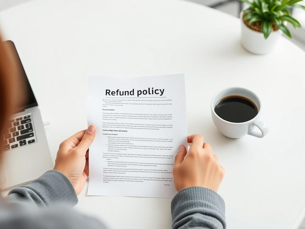 A clean, minimalistic image of a person reviewing a refund policy document on a table, with a laptop and a cup of coffee nearby. The background is neutral and uncluttered, focusing on the document and the individual, conveying a sense of clarity and support.