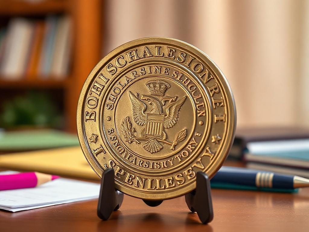 A close-up shot of a scholarship seal displayed prominently on a desk, symbolizing opportunity and accomplishment. The background should be soft and inviting, enhancing the focus on the seal, inviting viewers to explore scholarship opportunities.