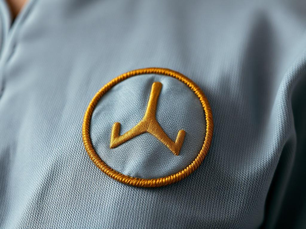 A close-up shot of a beautifully embroidered logo on a high-quality garment, showcasing craftsmanship and attention to detail. The background should be neutral to make the logo stand out, conveying a sense of pride and quality.
