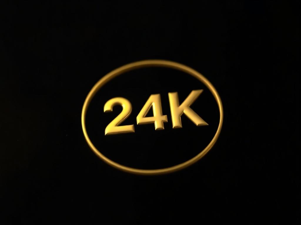 A hyper-realistic close-up shot of a golden 24K logo on a dark background, reflecting light beautifully, symbolizing authenticity and excellence. The logo should be the focal point, with soft bokeh effect in the background to enhance its prominence.