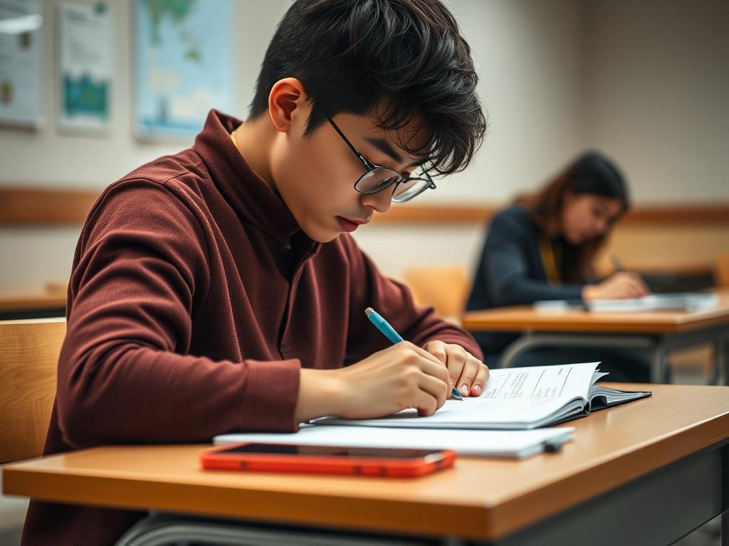 A focused close-up shot of a student taking an assessment in a quiet examination room. The student should be engaged and concentrating on their work, with a desk filled with stationery and a mobile device beside them. The background should be calm and conducive to learning.