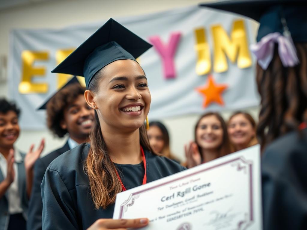 A joyful close-up shot of a student receiving a certificate of completion, showcasing pride and accomplishment. The background should include happy classmates cheering and a banner celebrating the achievement. The focus should be on the student and the certificate, highlighting the success of the program.