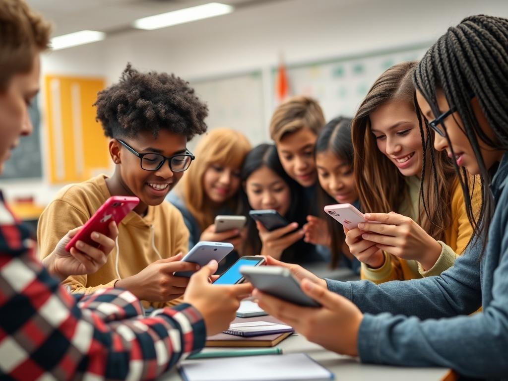A dynamic close-up shot of students engaged in a hands-on activity in a modern classroom setting, focused on mobile devices. The background should include various smartphones and tablets, with students collaborating and sharing ideas. The image should capture the energy and enthusiasm of learning about mobile technology.