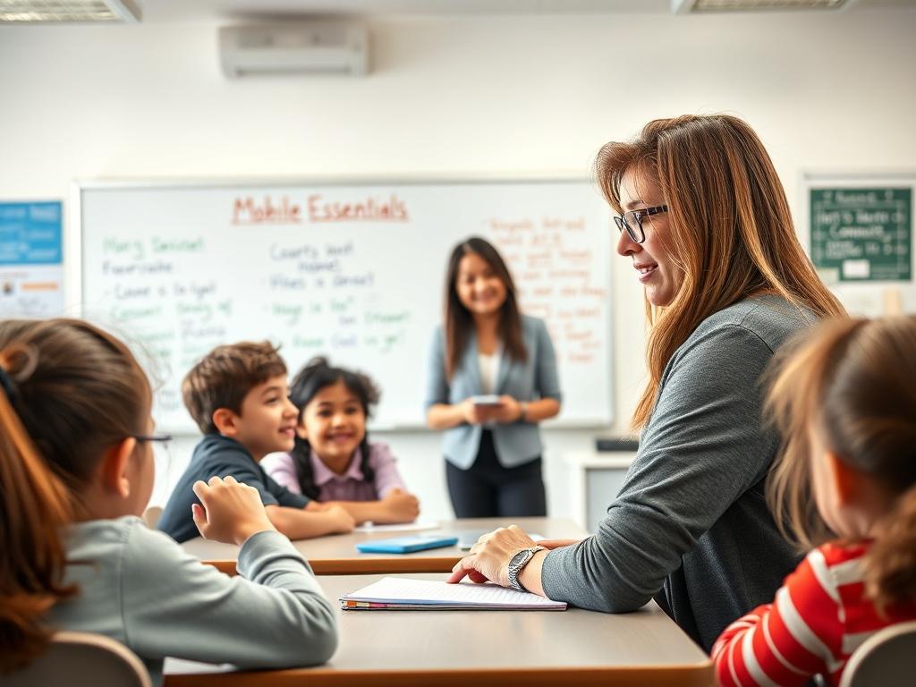 A close-up shot of a welcoming classroom setting with a teacher addressing students, filled with enthusiasm and engagement. The background should be bright and inviting, featuring a whiteboard with notes on mobile device essentials. The photo should highlight the interaction between the teacher and students, showcasing a positive learning atmosphere.