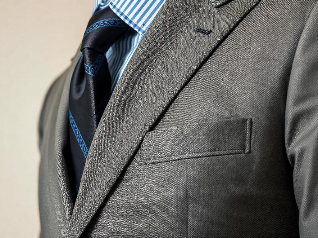 A close-up shot of a finely tailored suit from the Legacy Civic™ Suit Collection, highlighting the quality of the fabric and stitching. The image captures the suit's details, such as lapels and buttons, against a soft, neutral background that enhances the elegance of the garment. This hyper-realistic image is taken with a 45mm f/1.2 lens.
