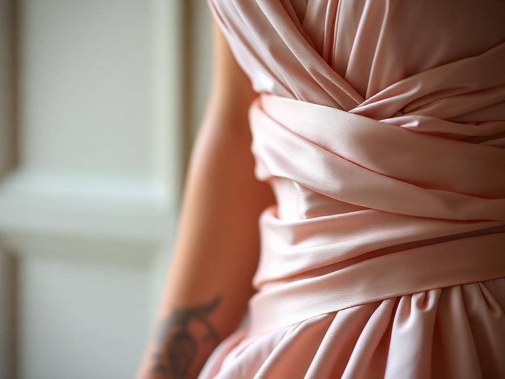 A close-up shot of a luxurious dress from the Legacy Civic™ Luxury Collection, showcasing intricate details and high-quality fabric. The background is elegantly blurred, emphasizing the beauty of the garment. The image captures the elegance and sophistication of the dress in hyper-realistic detail, taken with a 45mm f/1.2 lens.