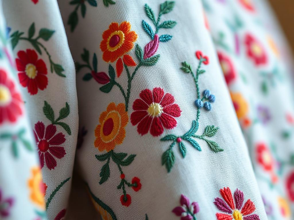 A close-up shot of a beautifully embroidered garment from the Legacy Civic™ Embroidery Collection, showcasing intricate stitching and vibrant colors. The background is soft and out of focus, highlighting the craftsmanship of the embroidery. The image is rendered in hyper-realistic detail with a focus on texture and color, captured with a 45mm f/1.2 lens.