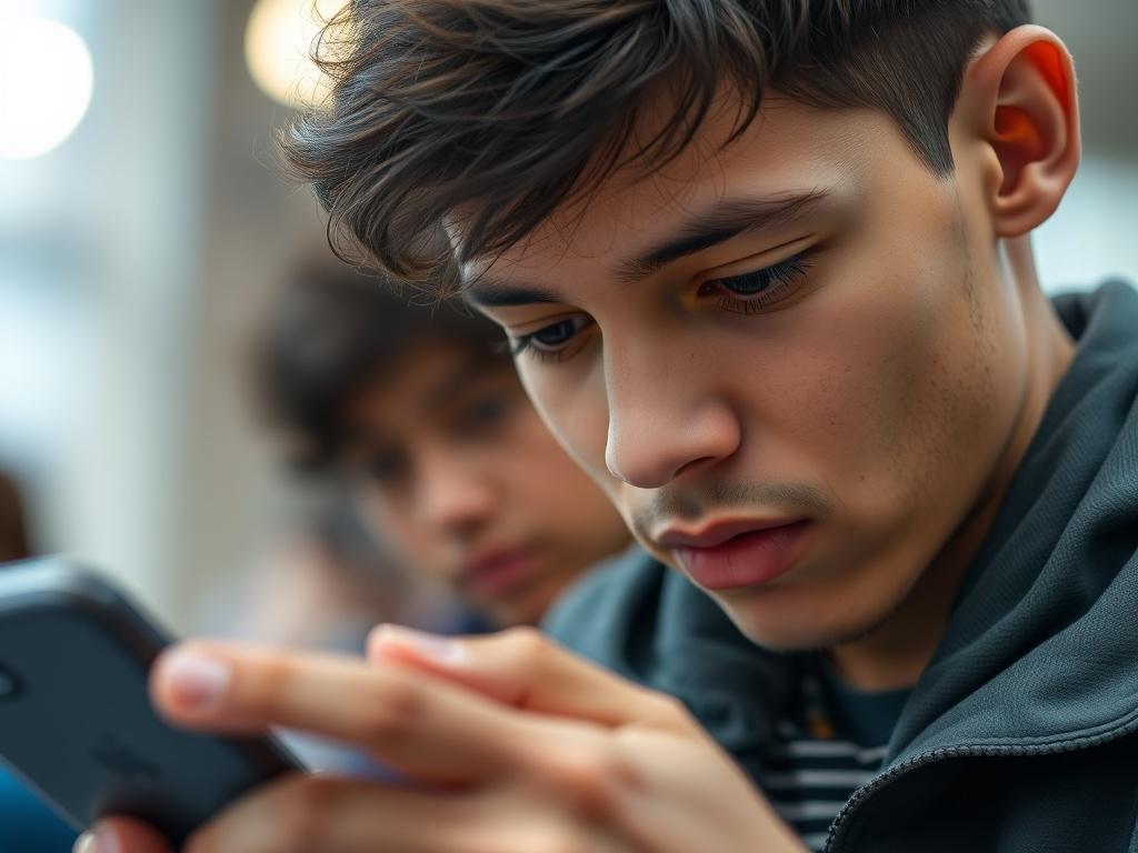 A close-up shot of a person focusing on a mobile device, showcasing a clear and engaging expression of concentration and determination. The background is softly blurred to emphasize the subject, with vibrant colors that harmonize with the rgb(12, 186, 225) primary color. The image should capture a sense of empowerment and learning, highlighting the importance of mobile technology in everyday life.