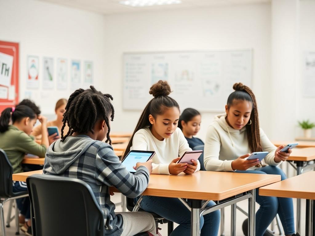 A welcoming classroom setting with diverse students engaged in a learning session, featuring individuals with various abilities using mobile devices. The environment is bright and friendly, with accessible materials displayed prominently. The focus is on interaction and collaboration, highlighting the inclusive nature of the program.