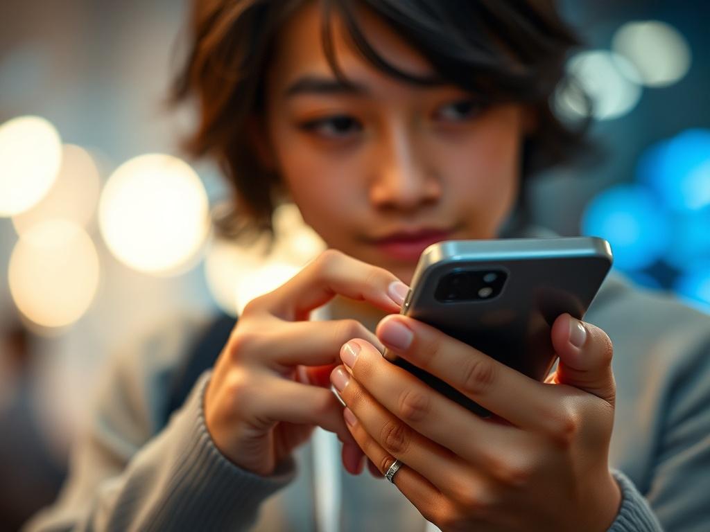 A hyper-realistic close-up shot of a young adult using a smartphone, focused on the hands and the device's screen. The background should be softly blurred to emphasize the actions of texting and navigating apps. The color palette should incorporate the primary color rgb(12, 186, 225) to create a vibrant and engaging atmosphere.