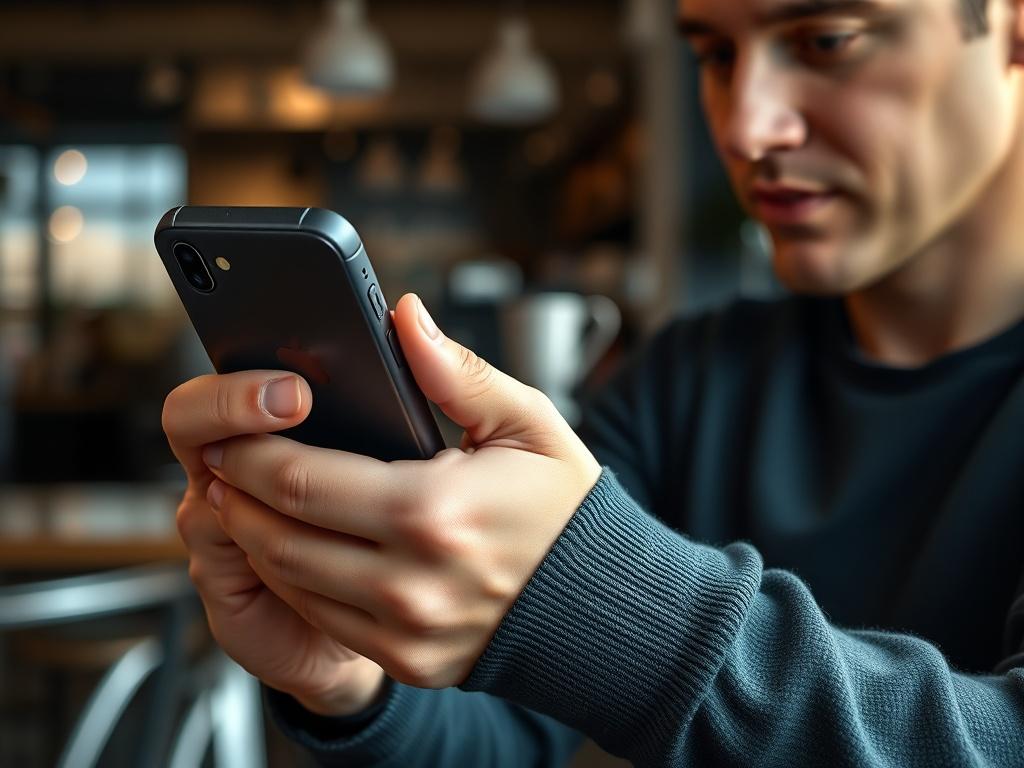 A close-up shot of a person holding an iPhone, looking at the screen with a focused expression. The background should be a softly blurred coffee shop, highlighting the casual yet engaging atmosphere of the session. Natural light should illuminate the scene.
