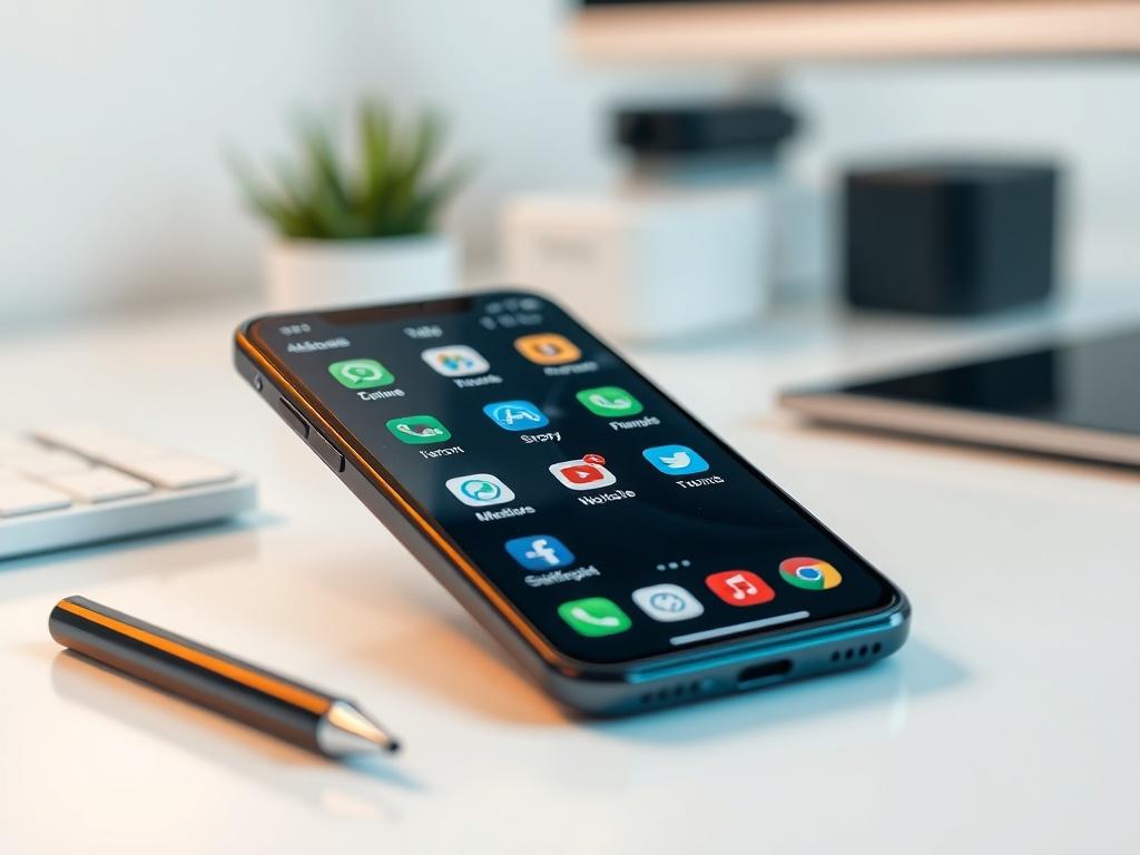 A close-up shot of a smartphone displaying various useful applications on the home screen. The background should be a clear, well-lit desk setting, focusing on the device and its screen. The overall atmosphere should feel modern and practical.