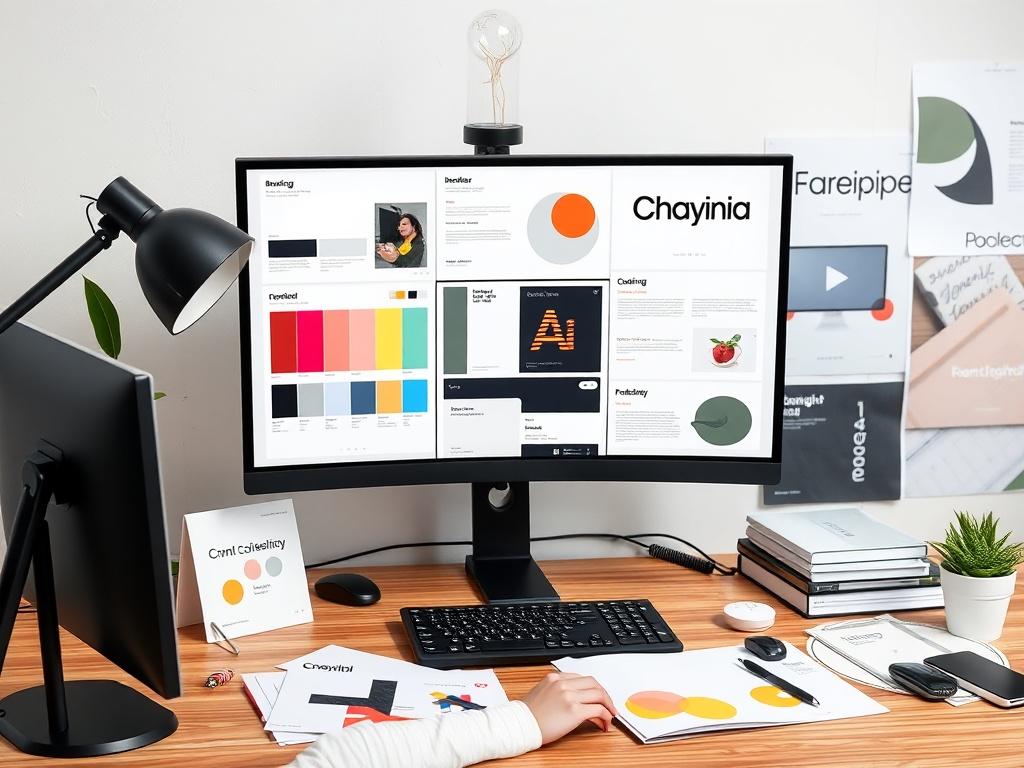 A high-resolution photo of a designer working on branding guidelines, with a focus on color palettes and typography samples. The workspace should be organized, showcasing creativity and professionalism, with clean lines and minimal distractions.