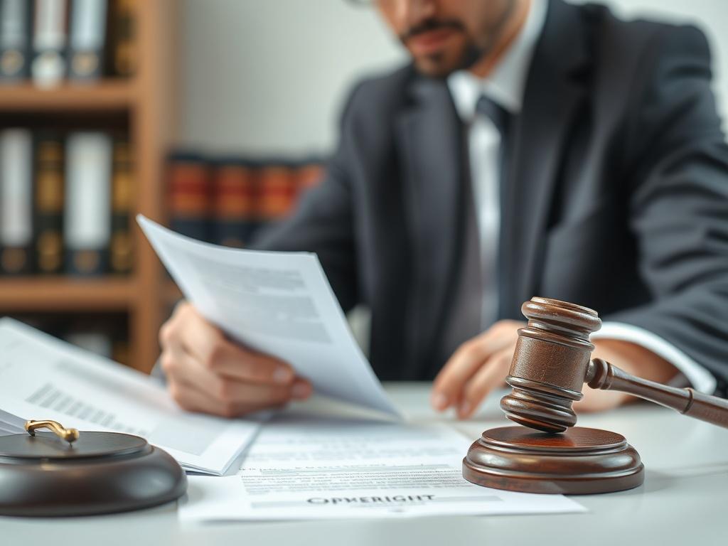 A high-resolution photo of a lawyer reviewing legal documents related to copyright protection, with a focus on a gavel and law books in the background. The scene should be well-lit, emphasizing the seriousness of copyright law, with clean lines and a minimalistic style.