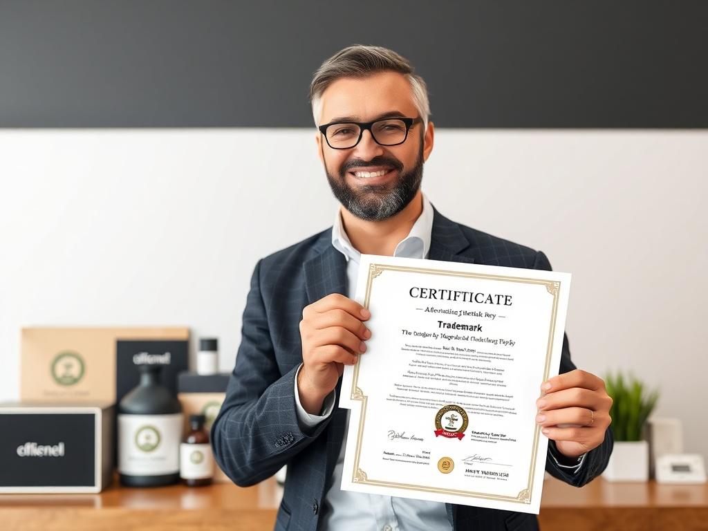 A high-resolution photo of a business owner proudly displaying their trademark certificate, with a backdrop of their branded products. The image should convey a sense of achievement and professionalism, with clean lines and a minimalistic style.