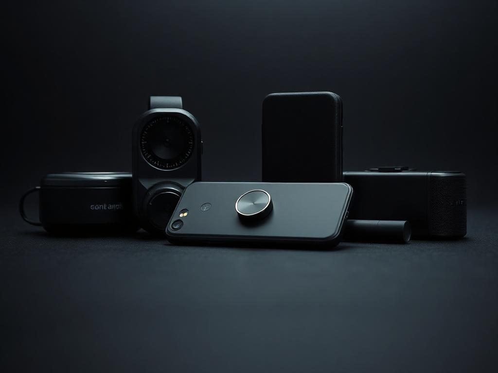 A striking image showcasing a selection of mobile accessories from the Black Label Collection against a soft, dark background. The accessories should be highlighted with dramatic lighting to emphasize their sleek designs, all while incorporating the rgb(2, 86, 197) color scheme in subtle accents.