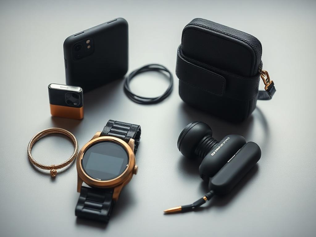 An elegant display of mobile accessories from the Founder Series™, arranged artistically to emphasize their unique designs. The focus is on the craftsmanship, with a background that subtly incorporates the rgb(2, 86, 197) color scheme. Each accessory should radiate sophistication and innovation.