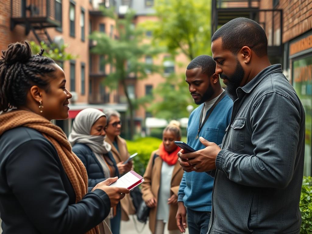 A close-up shot of an urban housing complex in New York City, showcasing diverse residents engaging with community resources. The image should capture a sense of stability and warmth, highlighting supportive interactions among individuals. The background should display a vibrant neighborhood with greenery and local shops, emphasizing a sense of community and resilience.