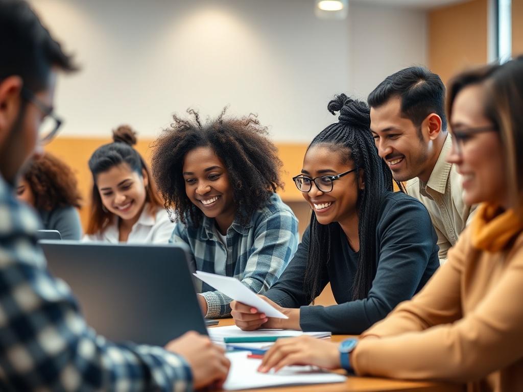 A vibrant close-up of a job training workshop in session, featuring diverse participants engaged in collaborative activities. The image should convey a sense of enthusiasm and motivation, showcasing individuals working together and learning. Elements like laptops, notepads, and instructional materials should be present, with a warm and inviting background.
