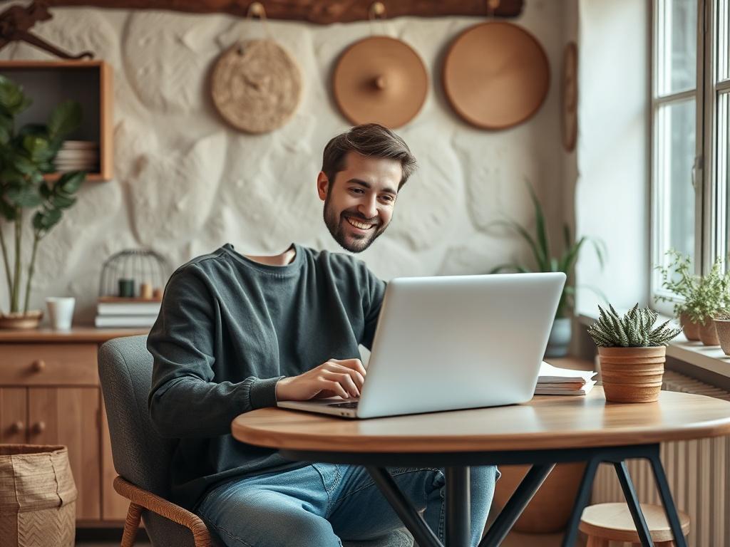 An individual happily uploading their resume on a laptop, seated at a stylish desk. The setting should have earthy tones and a rustic aesthetic, highlighting a cozy atmosphere while working.