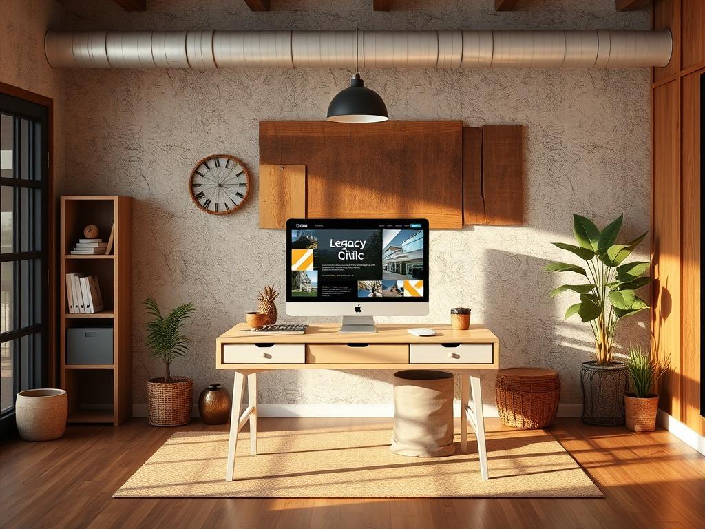 A welcoming office space representing Legacy Civic, with a modern desk and a computer showcasing the Legacy Civic website. The background should include warm, earthy tones and natural textures, creating a cozy and inviting atmosphere.